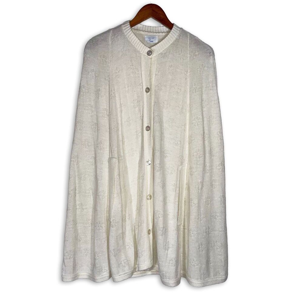 Vintage Sears Ivory Floral Knit Button Front Cape Poncho Cottagecore 60s 70s OS